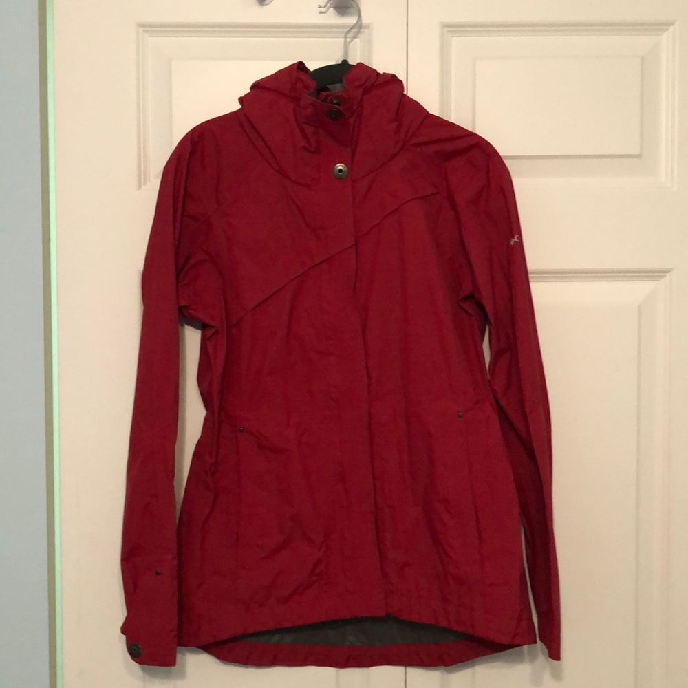 Red Columbia rain jacket.